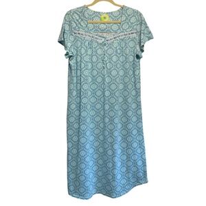 White Orchid Nightgown Large Blue Geometric Medallion Lace Trim Short Sleeve